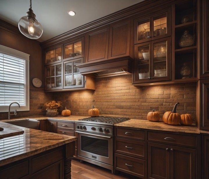 A kitchen with wooden cabinets , stainless steel appliances and pumpkins on the counter.