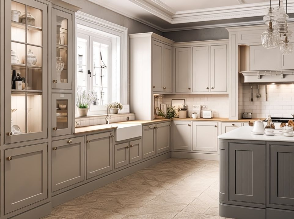 A kitchen with gray cabinets , white cabinets , a sink , and a large island.