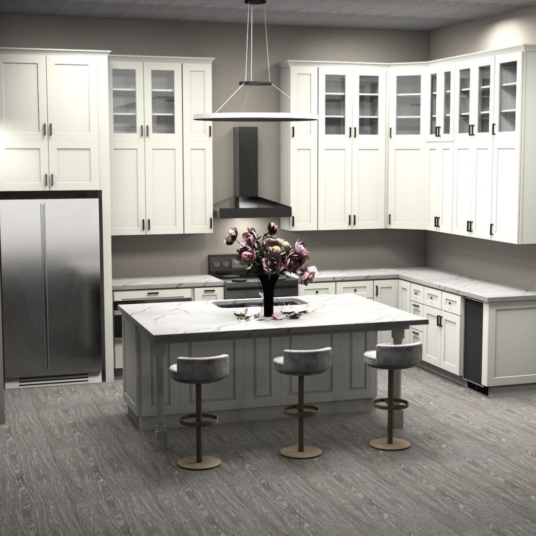 A kitchen with white cabinets and a large island