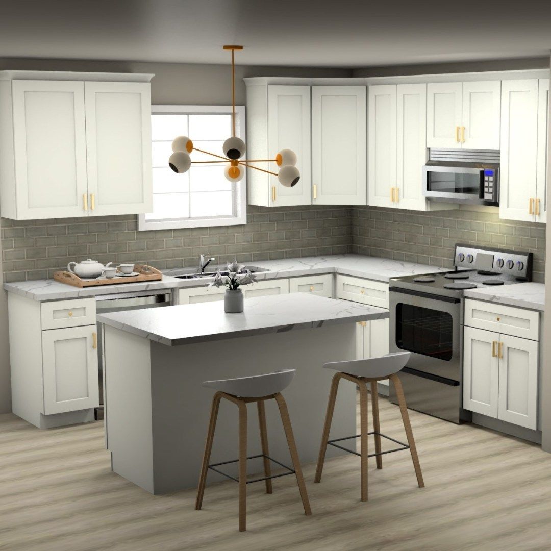 A kitchen with white cabinets , stools , a stove and a microwave.