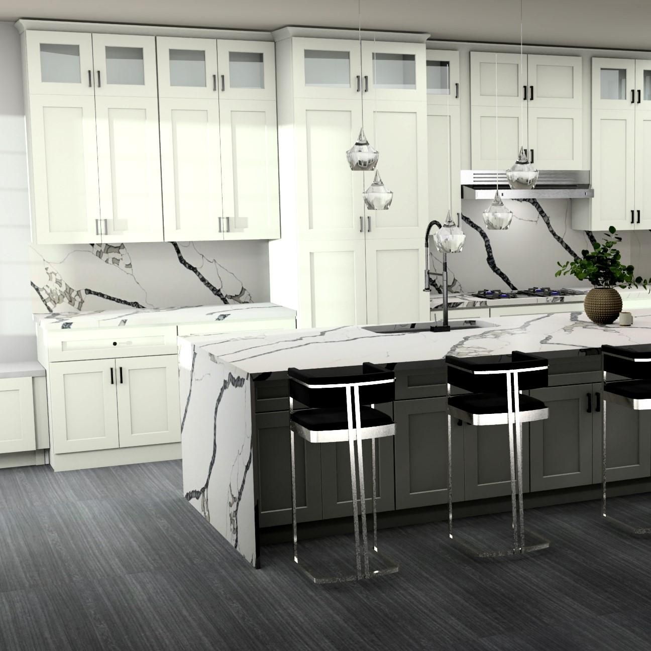 A kitchen with white cabinets and marble counter tops