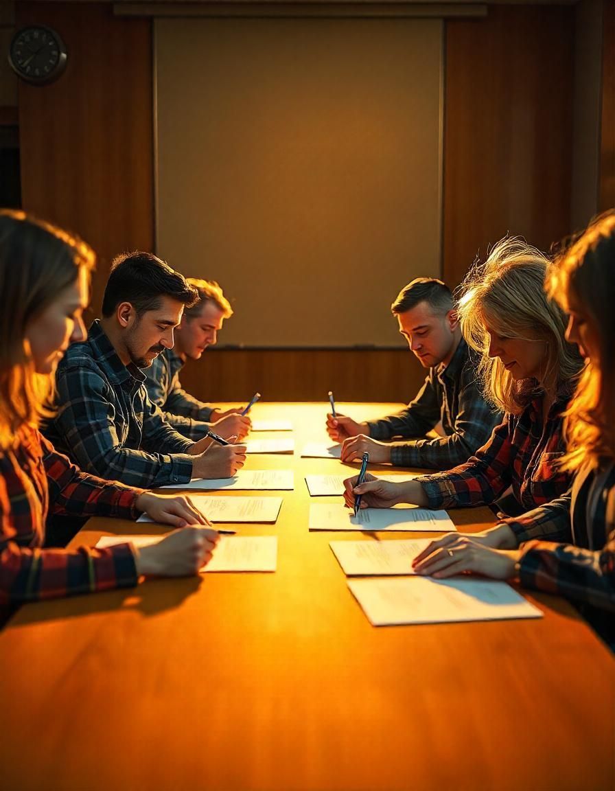 A group of people are sitting at a long table writing on papers.