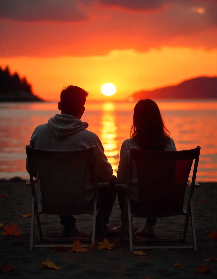 A man and a woman are sitting on the beach at sunset