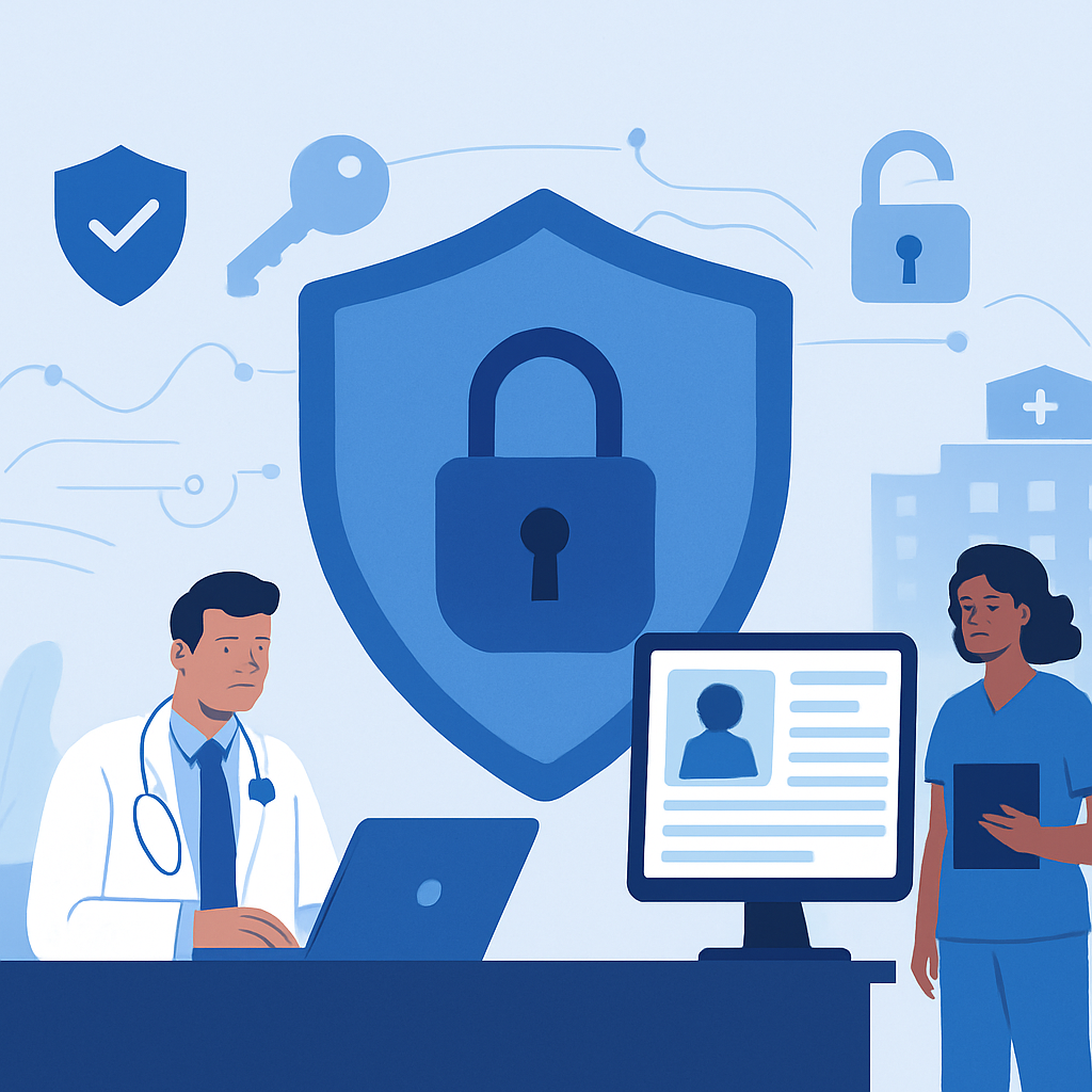 Healthcare workers managing digital records