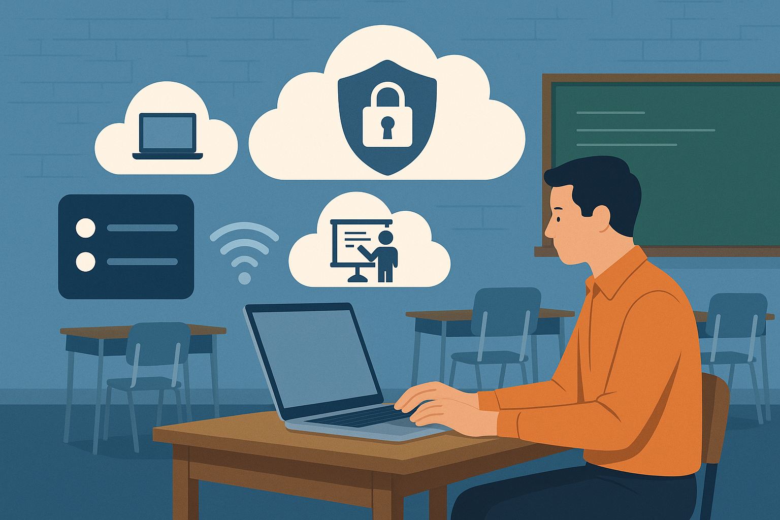 Illustration of a teacher using cloud-based tools in a tech-enabled classroom
