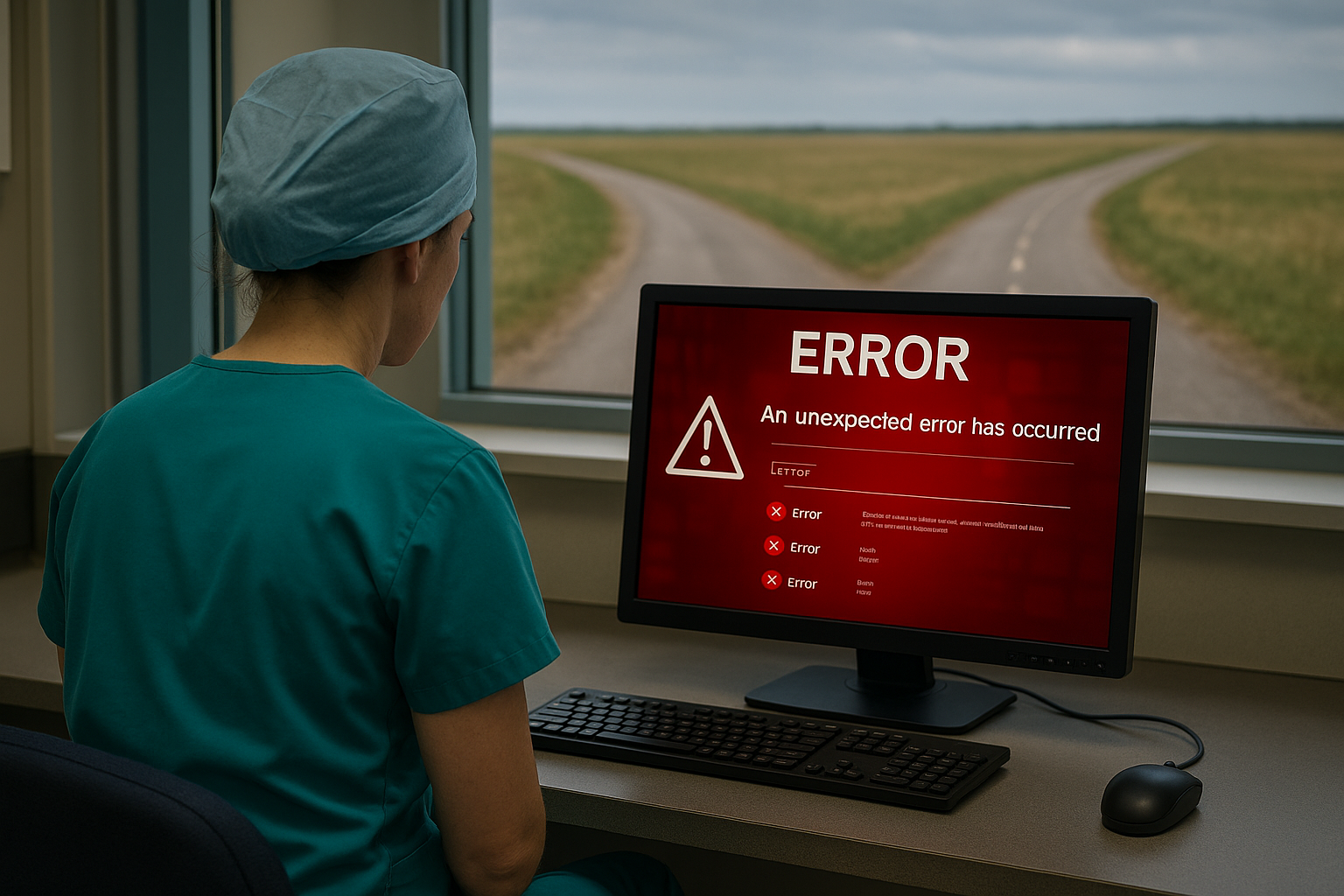 A nurse stares at a red error message on her computer.