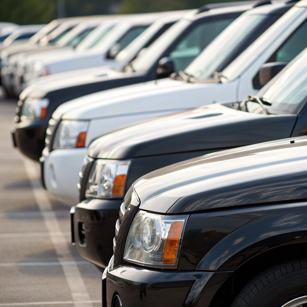 Line of SUVs, parked in a lot, various colors including black and white.