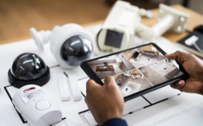A person holds a tablet displaying multiple security camera feeds, with surveillance equipment arranged on a floor plan.