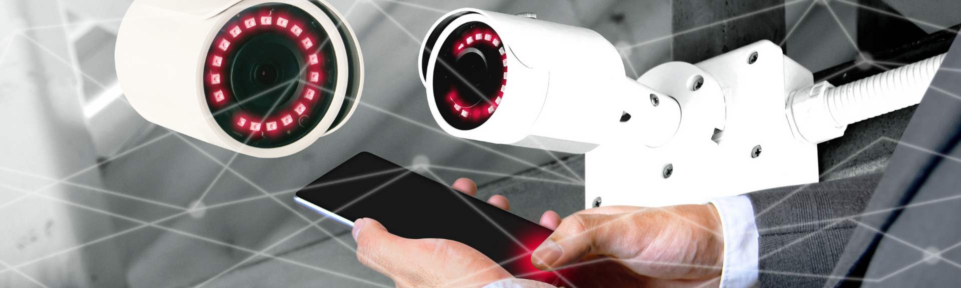 A close-up of hands using a smartphone, overlaid with two security cameras and a digital network mesh graphic.