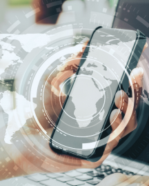 A person holding a smartphone overlaid with a glowing digital interface showing a world map and circular data rings.