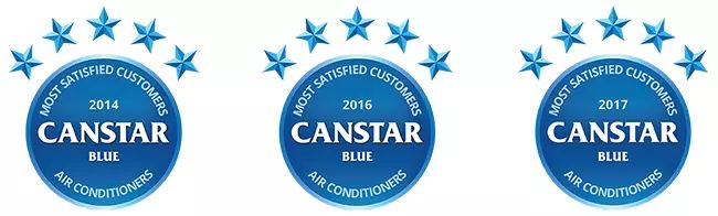 three blue canstar badges with stars on them