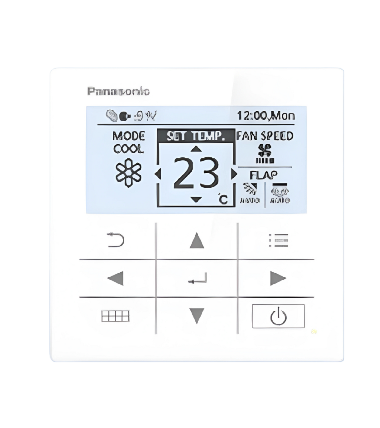 a remote control for a panasonic air conditioner shows the temperature and fan speed .