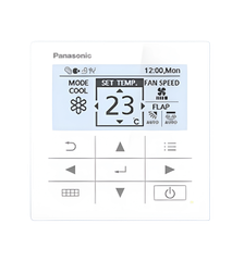 a remote control for a panasonic air conditioner shows the temperature and fan speed .