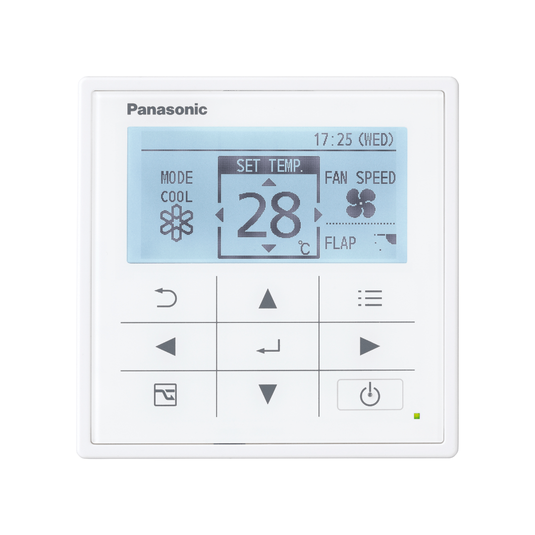 a panasonic remote control with a screen that says 28