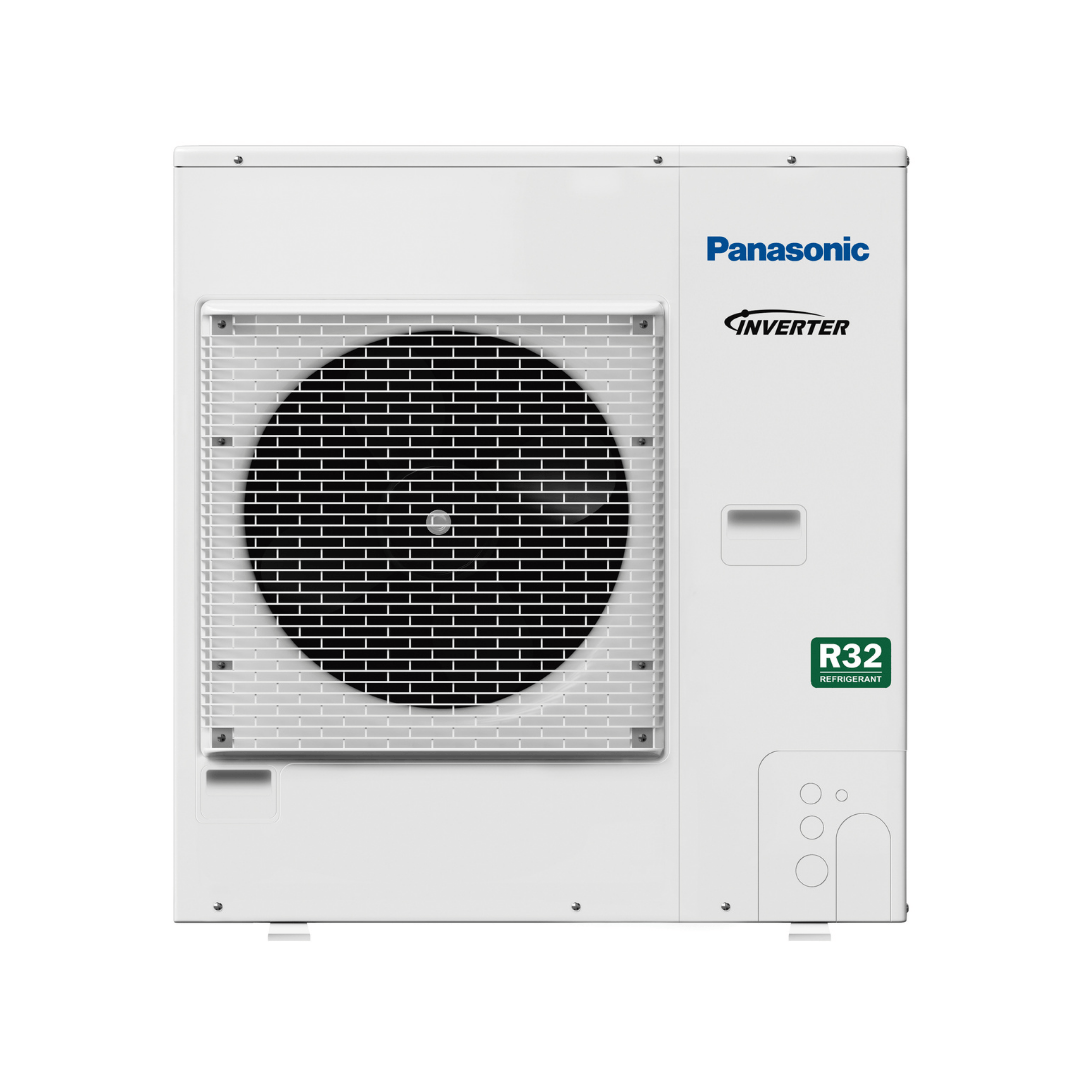 a panasonic air conditioner is sitting on a white surface .