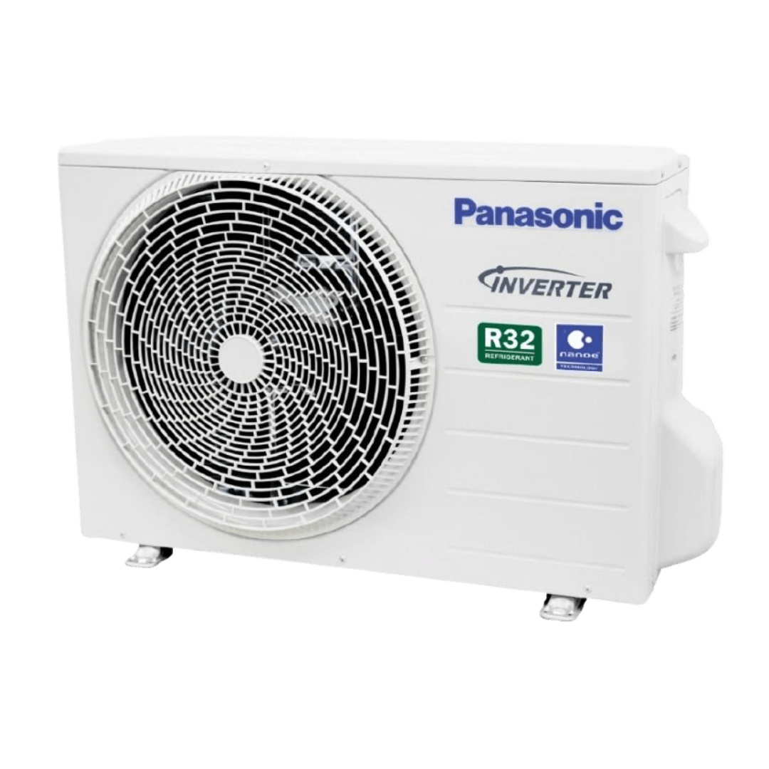 a white panasonic air conditioner with a fan on a white background .