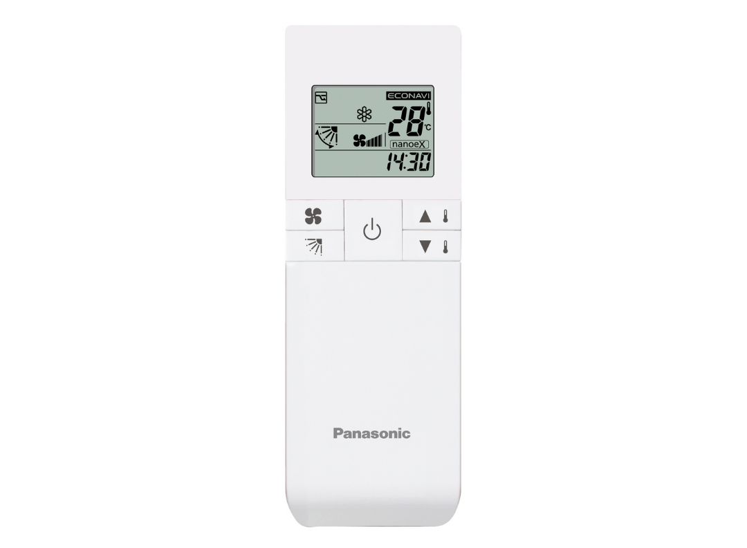 a white remote control with a screen that says 28 degrees