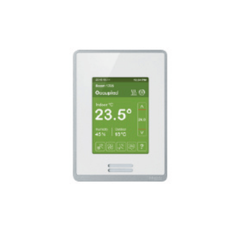 a thermostat with a green screen and a white frame on a white background .
