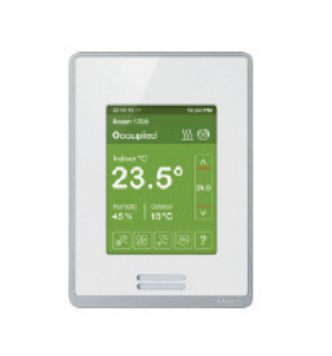 a thermostat with a green screen and a white frame on a white background .