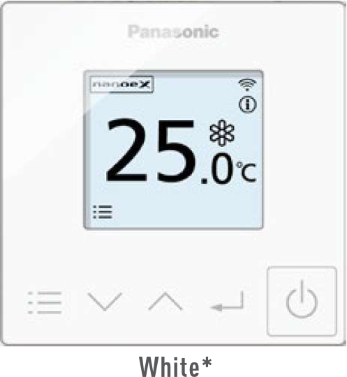 a white panasonic thermostat with a temperature of 25.0 degrees celsius