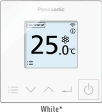 a white panasonic thermostat with a temperature of 25.0 degrees celsius