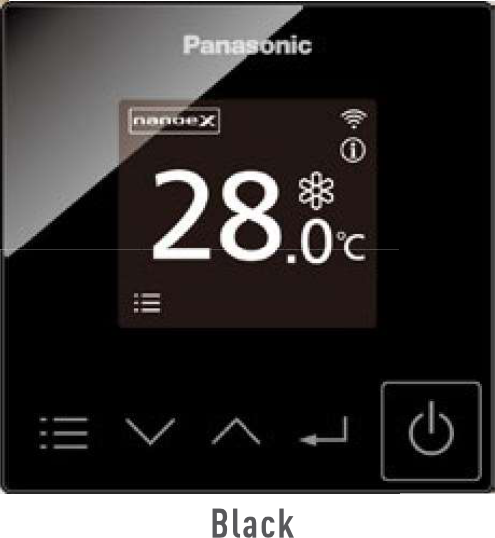 a black panasonic thermostat shows the temperature is 28 degrees celsius