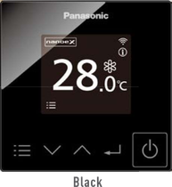 a black panasonic thermostat shows the temperature is 28 degrees celsius