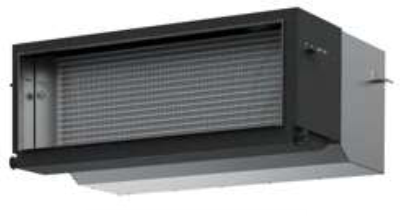 a picture of a black and silver air conditioner on a white background .