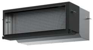 a picture of a black and silver air conditioner on a white background .