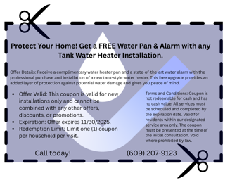 Coupon: Free water pan & alarm with new tank water heater installation; expires 11/30/2025.