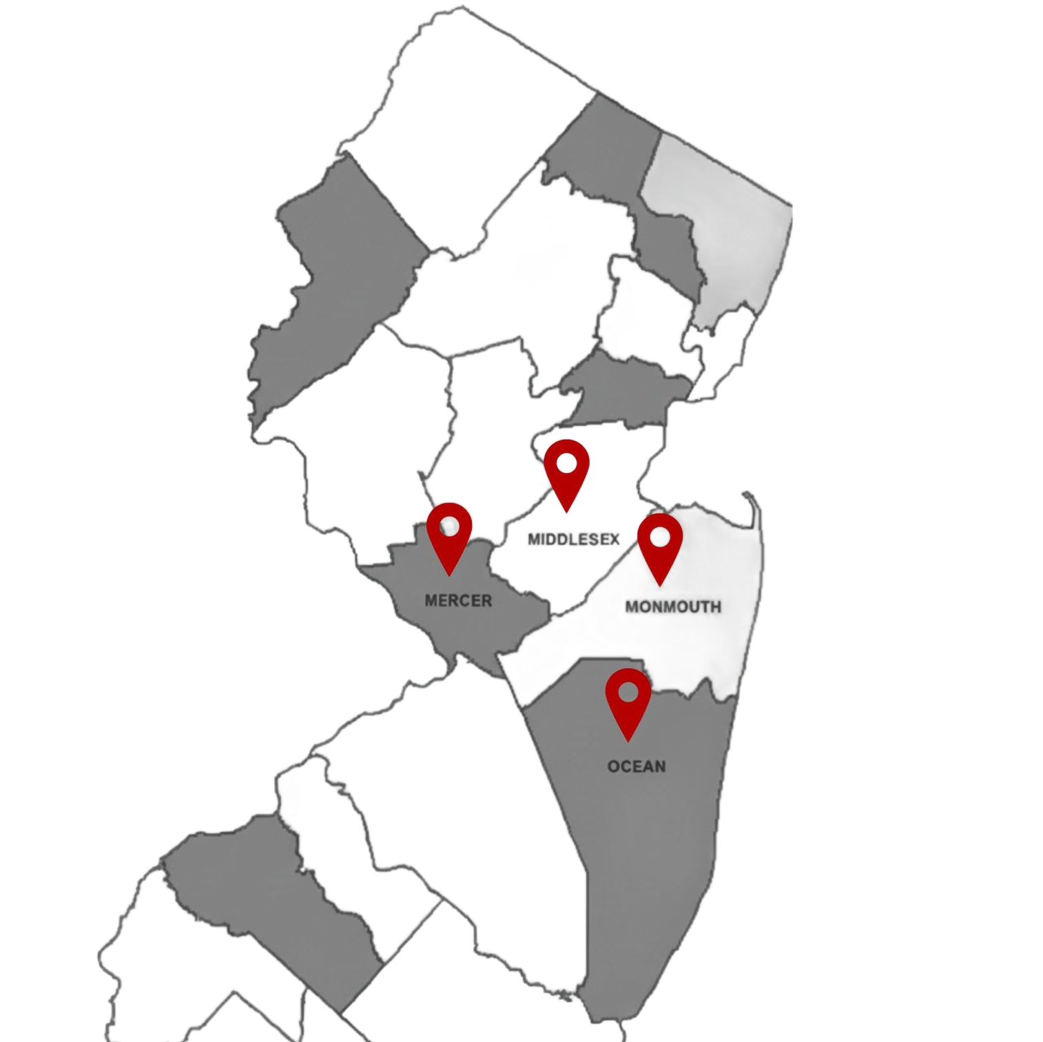 Map of New Jersey with red location pins on Mercer, Middlesex, Monmouth, and Ocean counties.
