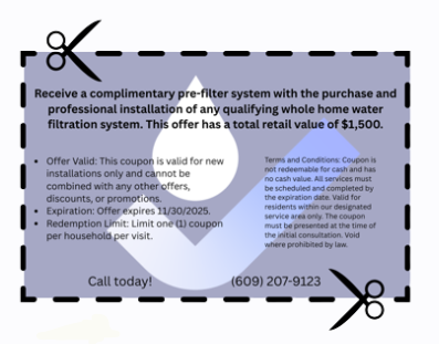 Coupon offering a free pre-filter system with whole home water filtration purchase and install, valued at $1,500.