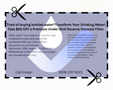 Coupon for $50 off a reverse osmosis filter. White text on blue background. Contact info and expiration date.