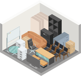 Office furniture stored in a storage unit: desk, chairs, sofa, cabinet, whiteboard, and boxes.