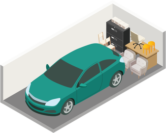 Green car parked in a storage unit with office furniture.