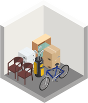 Storage unit with chairs, boxes, a bike, and a cabinet.