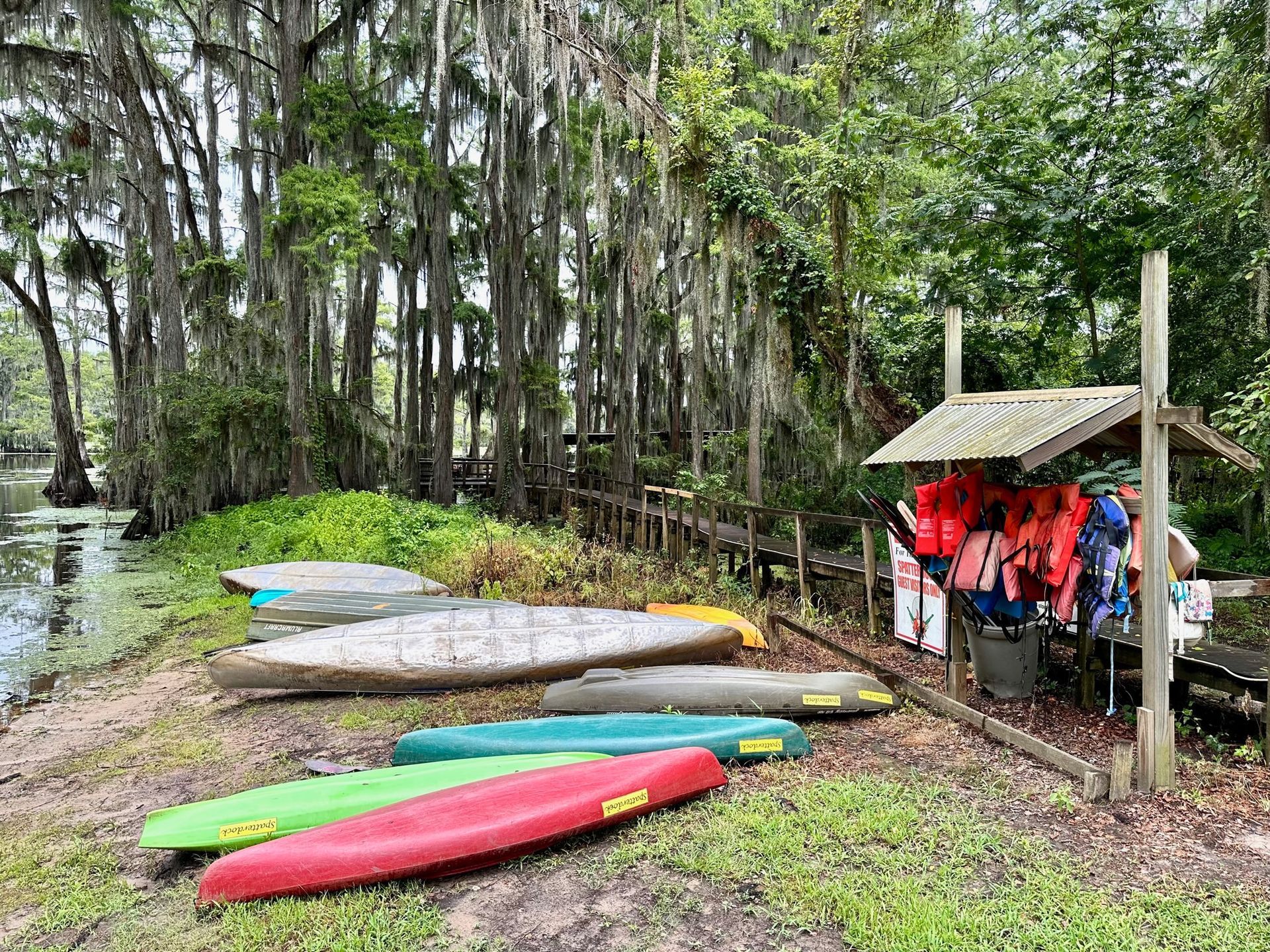A bunch of kayaks are sitting on the ground next to a river.