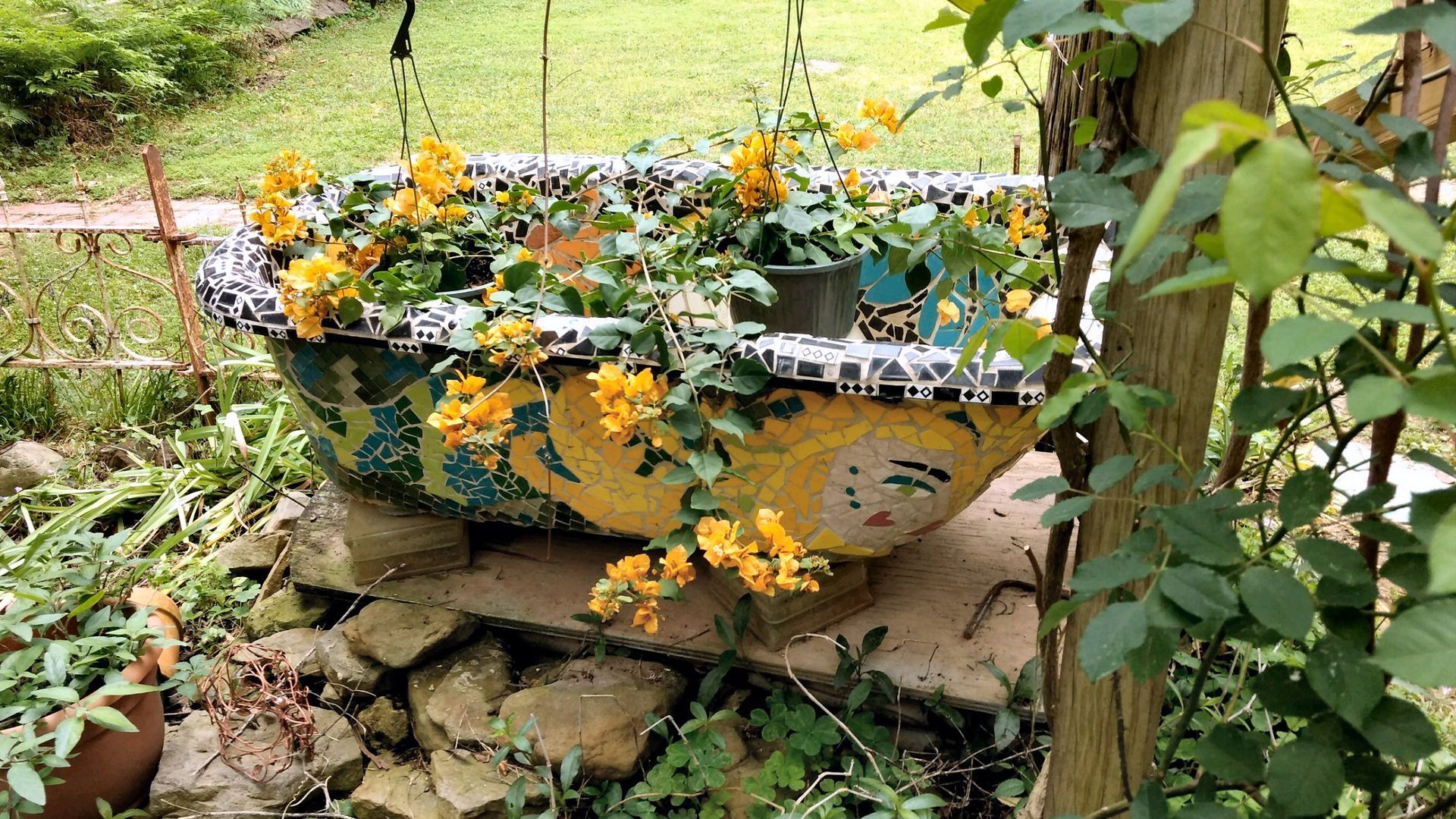 A bathtub filled with yellow flowers in a garden