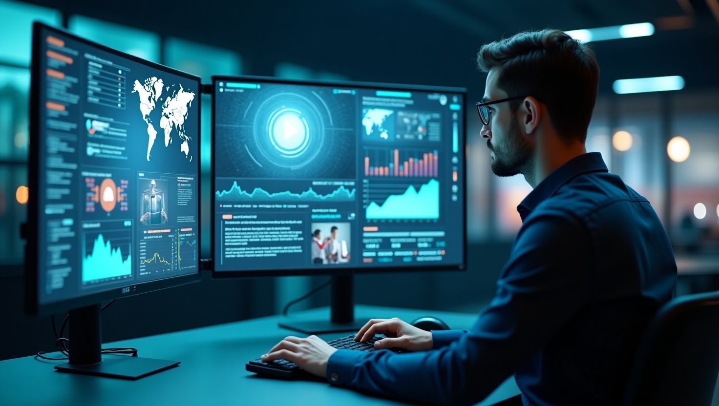 Digital marketing professional analyzing video marketing analytics on dual monitors with charts, graphs, and global engagement metrics.
