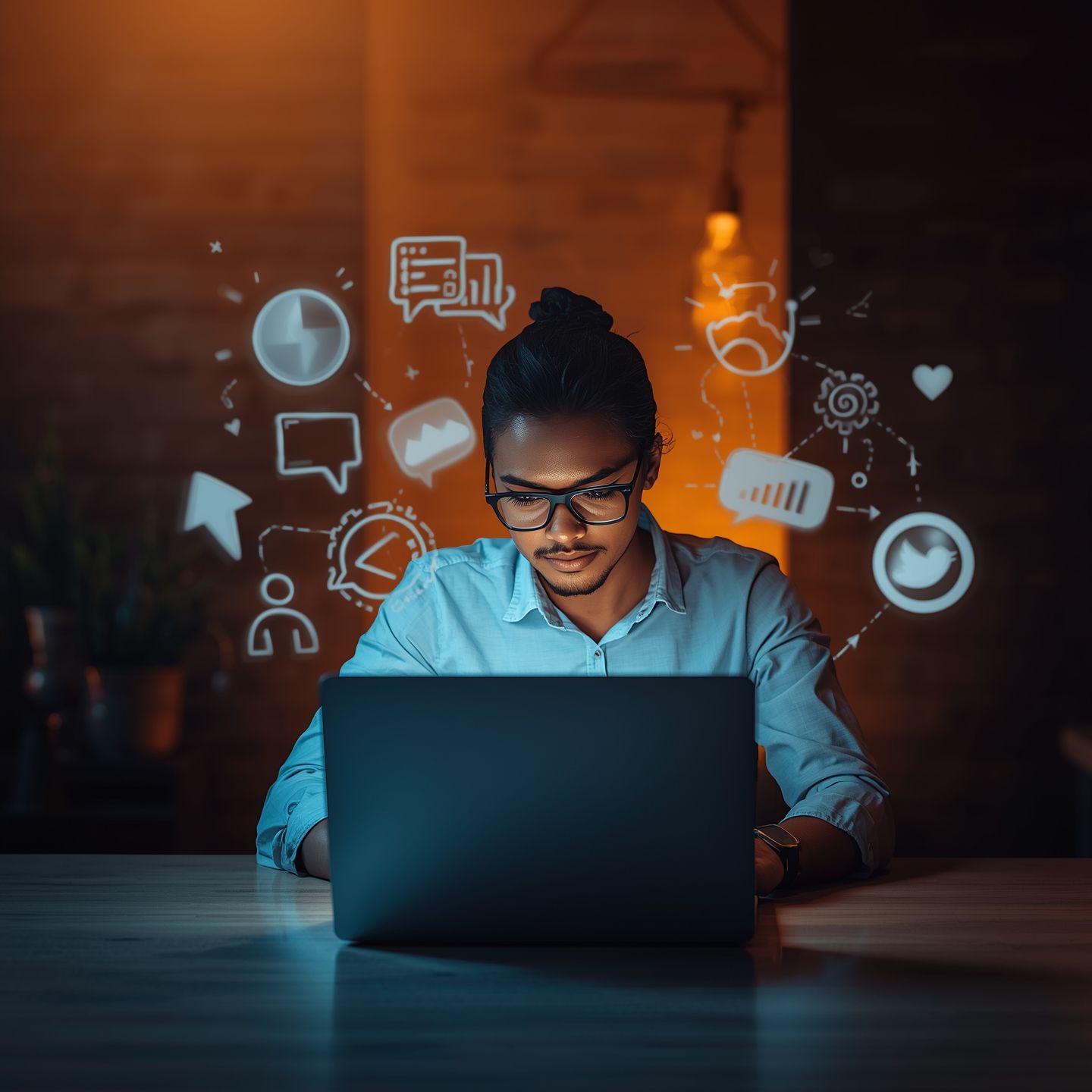 Digital marketer creating engaging content strategy on a laptop with floating digital marketing icon