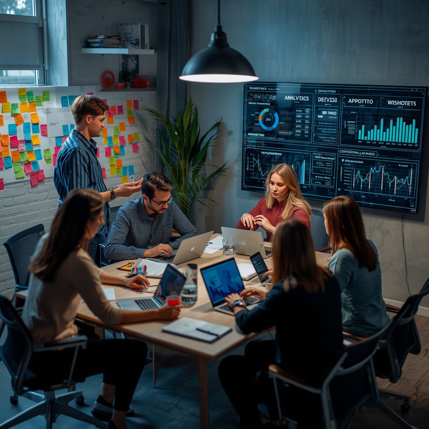 Digital marketer creating engaging content strategy on a laptop with floating digital marketing icon