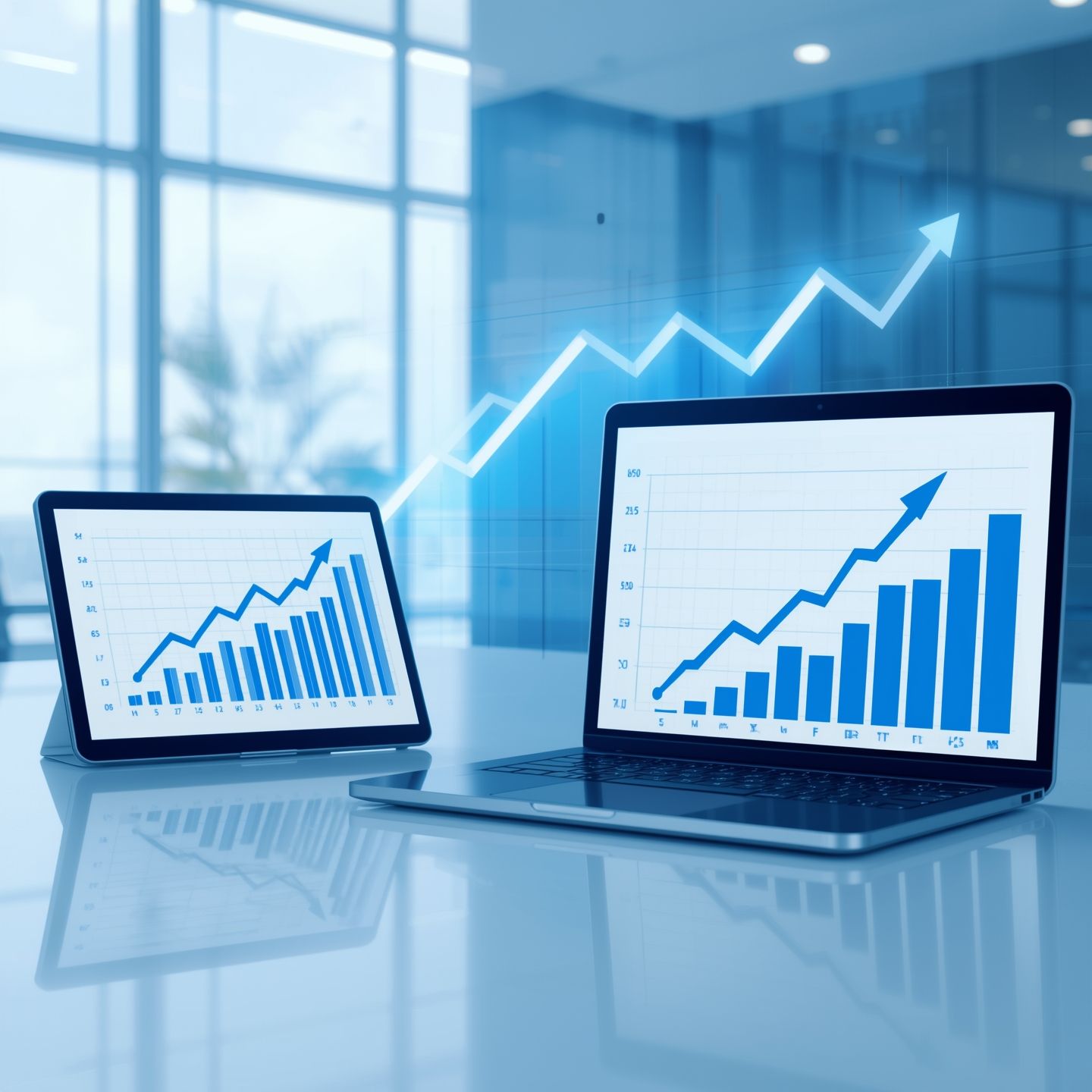 Digital marketing dashboard on laptop and tablet showing rising bar and line charts 