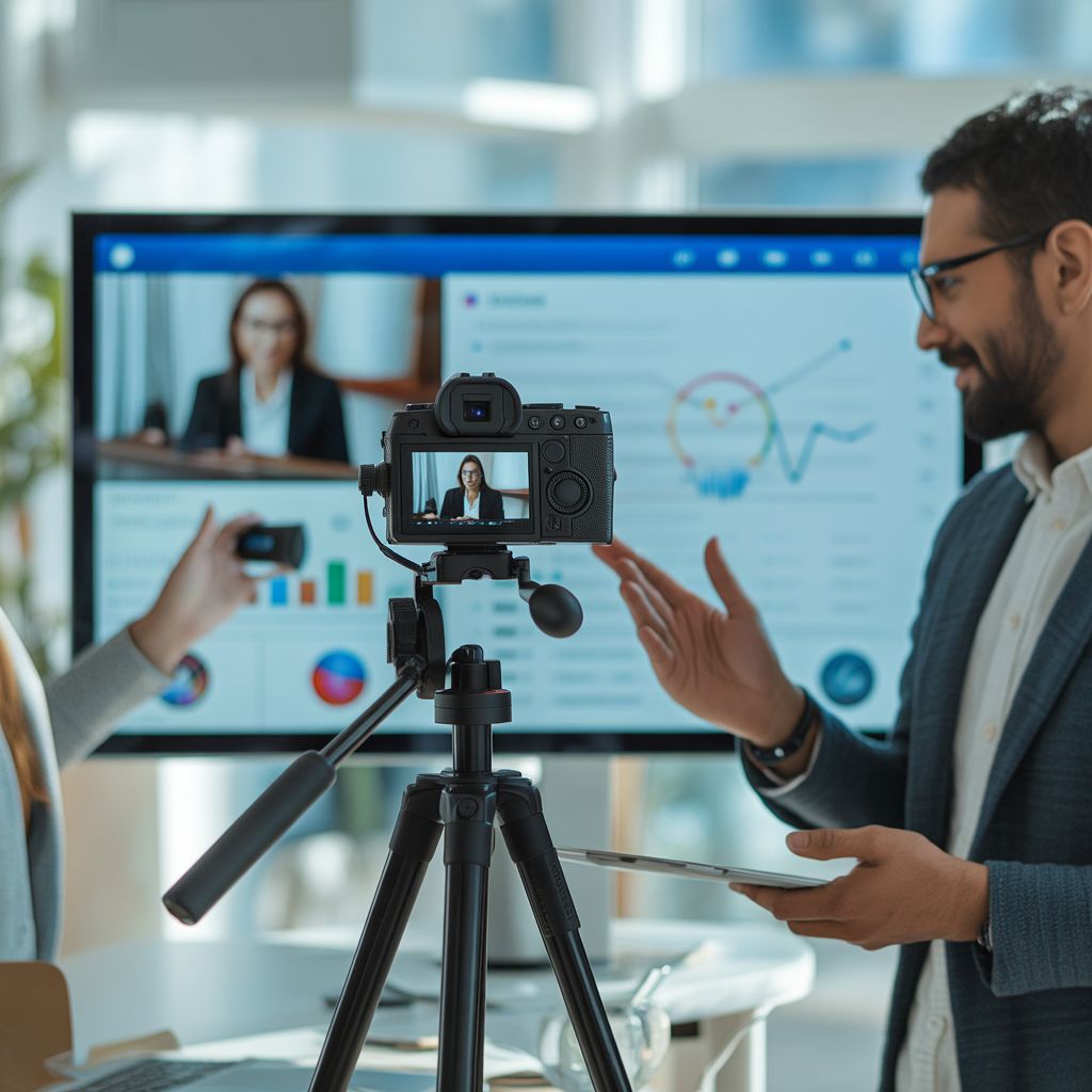 Marketing team recording a business video presentation for video marketing and SEO strategy.