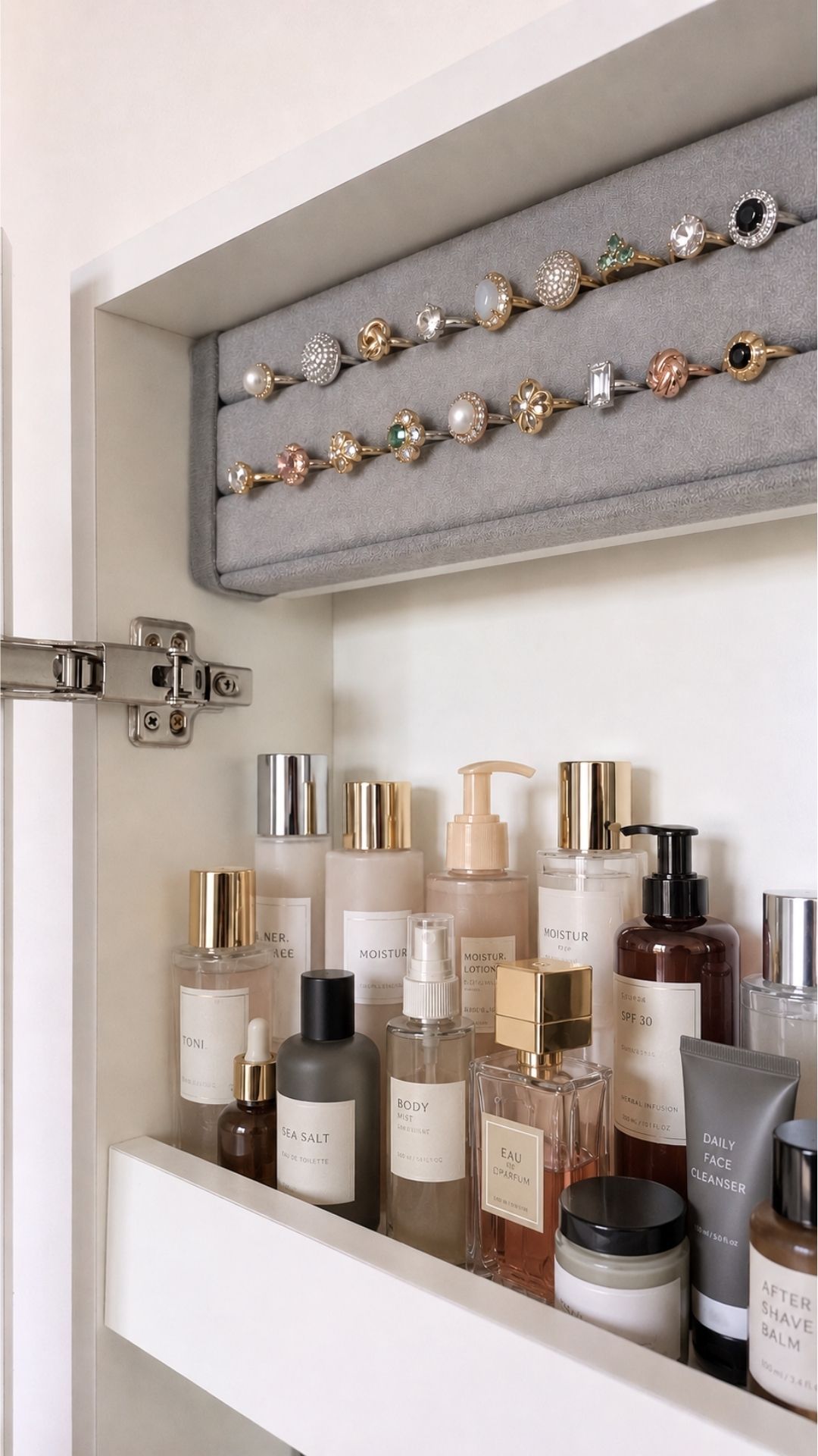 Armario de baño abierto con frascos de perfumes y productos para el cuidado de la piel en los estantes.