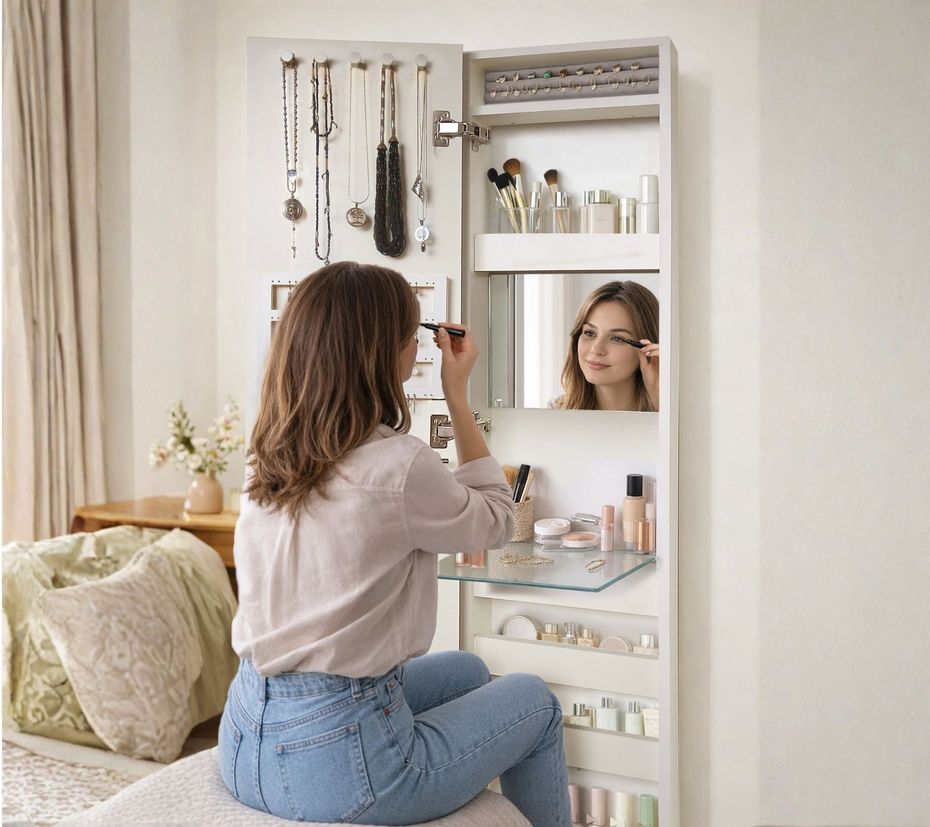 Mujer aplicándose maquillaje frente a un espejo de tocador en un dormitorio con iluminación tenue.