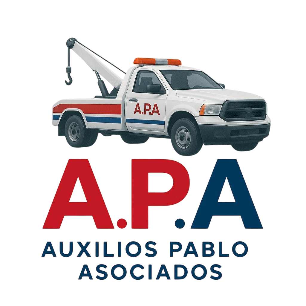 Logotipo de APA Auxilios Pablo Asociados que muestra una grúa blanca con franjas rojas y azules sobre el texto en rojo y azul.