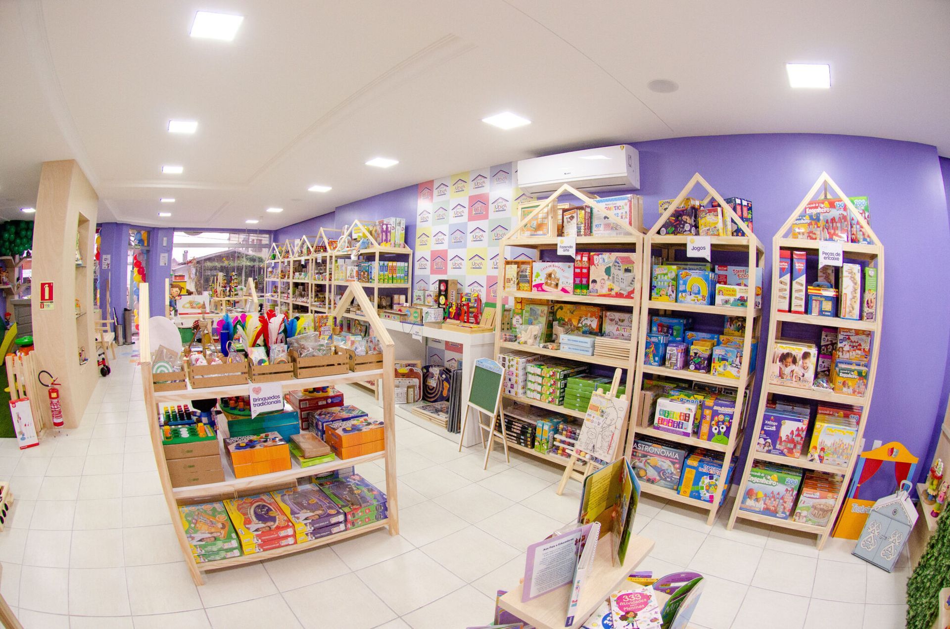 Uma loja de brinquedos cheia de brinquedos e livros.