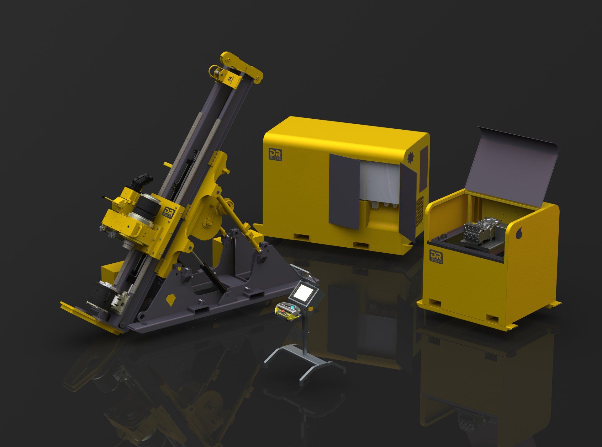 Un modèle 3D d'une machine jaune et noire avec un fond noir