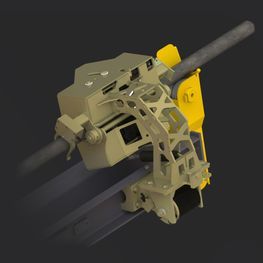 Un modèle 3D d'une machine avec une poignée jaune sur fond noir.