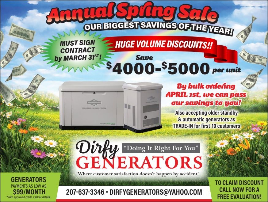 Annual Spring Sale flyer from Dirfy Generators featuring $4,000-$5,000 unit discounts, contact info, and trade-in offers.
